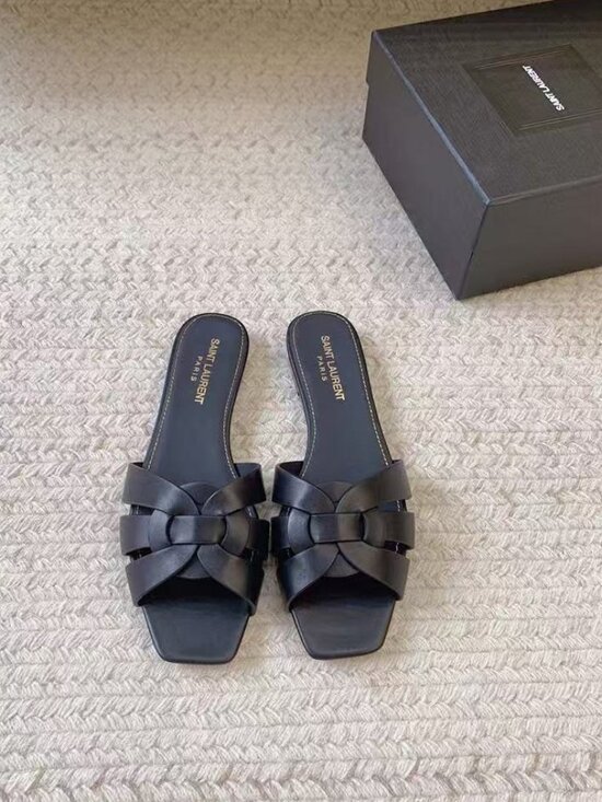 Saint Laurent Shoes - Saint Laurent Black Braided Leather Slide Mules